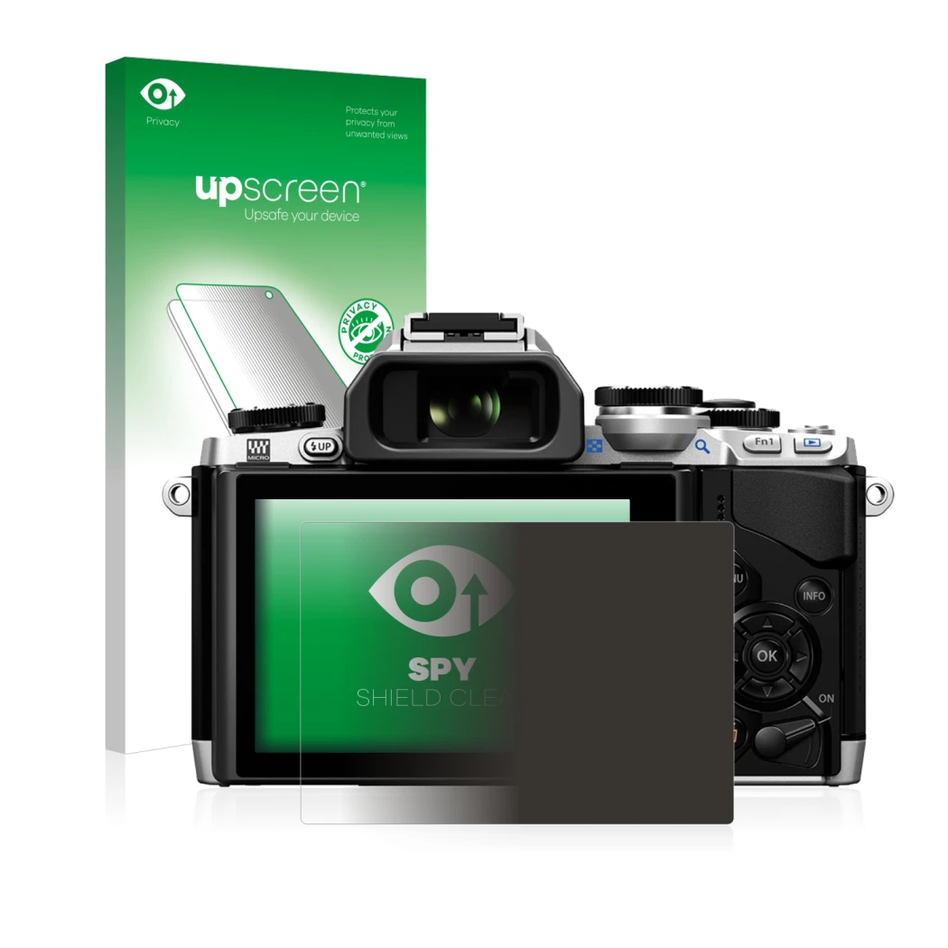 Parte frontale di una confezione del prodotto con il logo del marchio upscreen. Accanto è raffigurato il dispositivo Olympus O