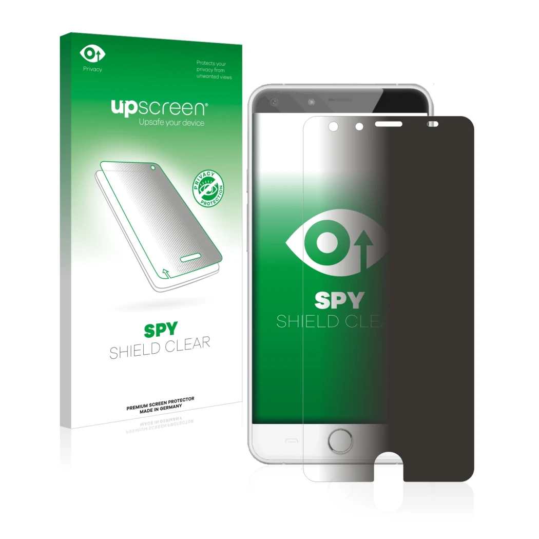 Parte frontale di una confezione del prodotto con il logo del marchio upscreen. Accanto è raffigurato il dispositivo Ulefone B