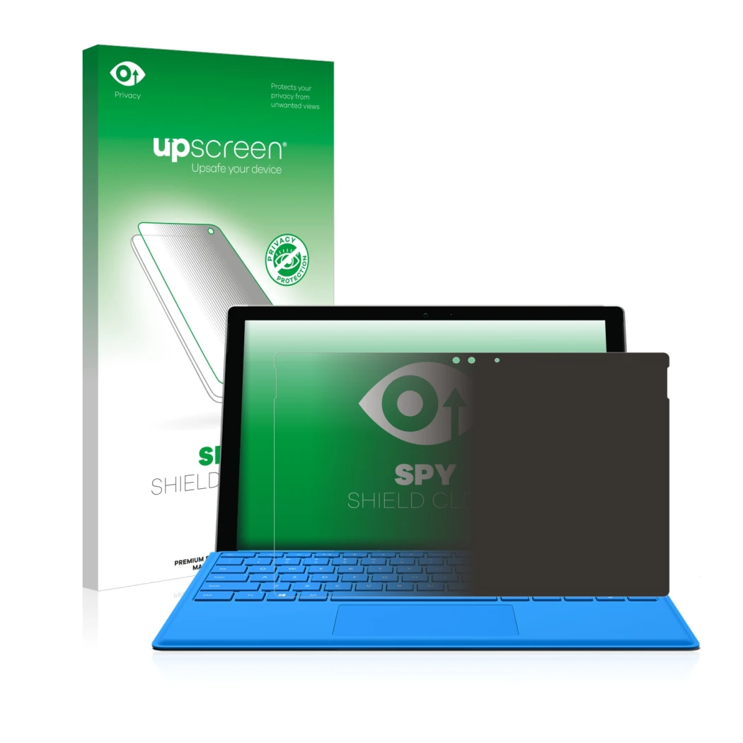 Parte frontale di una confezione del prodotto con il logo del marchio upscreen. Accanto è raffigurato il dispositivo Microsoft