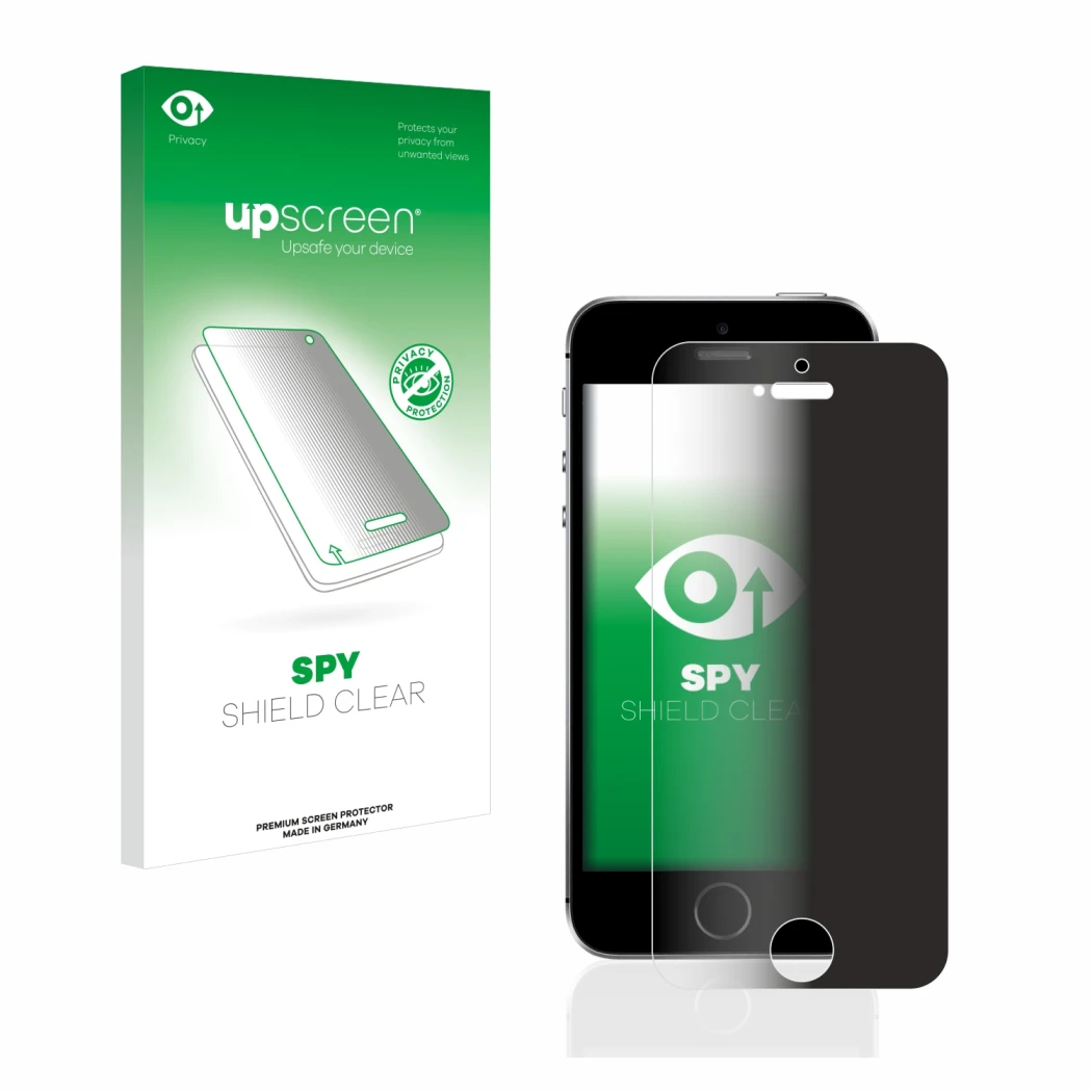 Parte frontale di una confezione del prodotto con il logo del marchio upscreen. Accanto è raffigurato il dispositivo Apple iPh