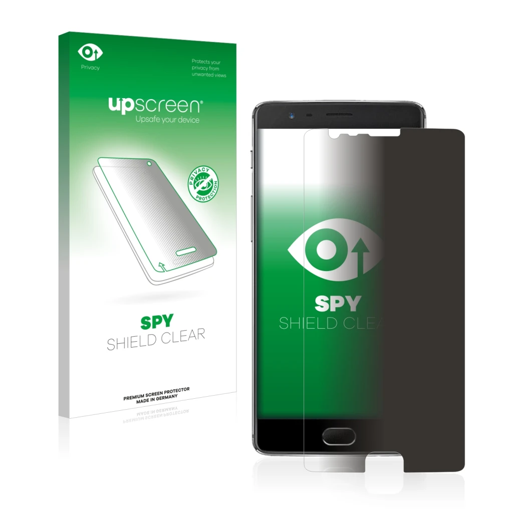 Parte frontale di una confezione del prodotto con il logo del marchio upscreen. Accanto è raffigurato il dispositivo OnePlus 3