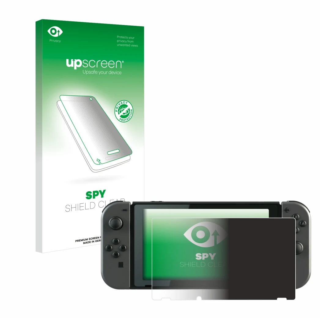 Parte frontale di una confezione del prodotto con il logo del marchio upscreen. Accanto è raffigurato il dispositivo Nintendo