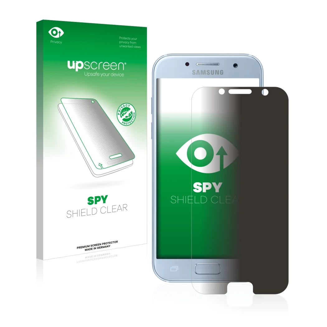 Parte frontale di una confezione del prodotto con il logo del marchio upscreen. Accanto è raffigurato il dispositivo Samsung G