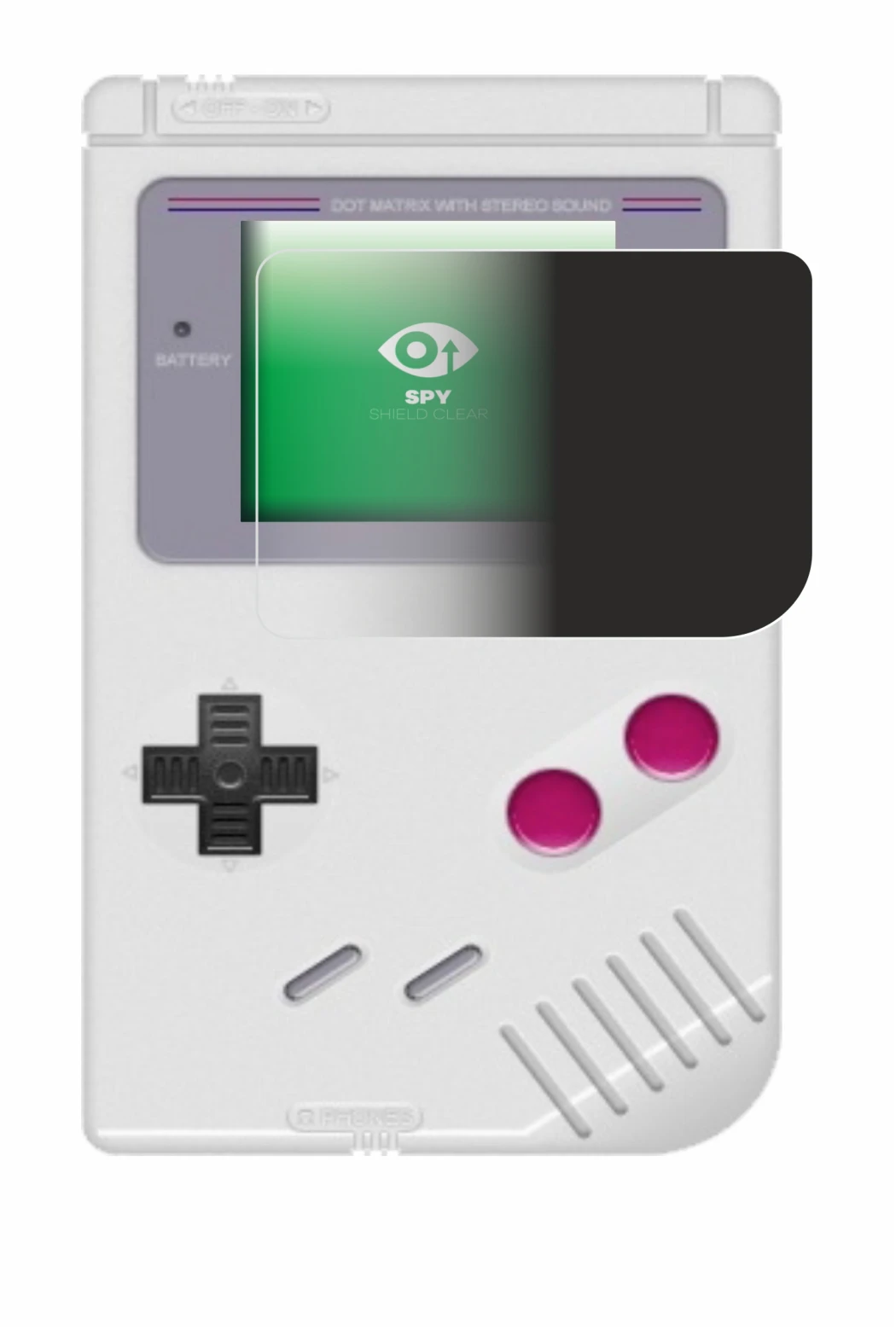 Immagine del dispositivo Nintendo Gameboy (1989) con un'ampia varietà di protezioni per lo schermo.