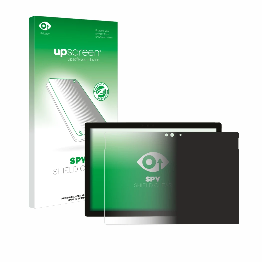Parte frontale di una confezione del prodotto con il logo del marchio upscreen. Accanto è raffigurato il dispositivo Microsoft