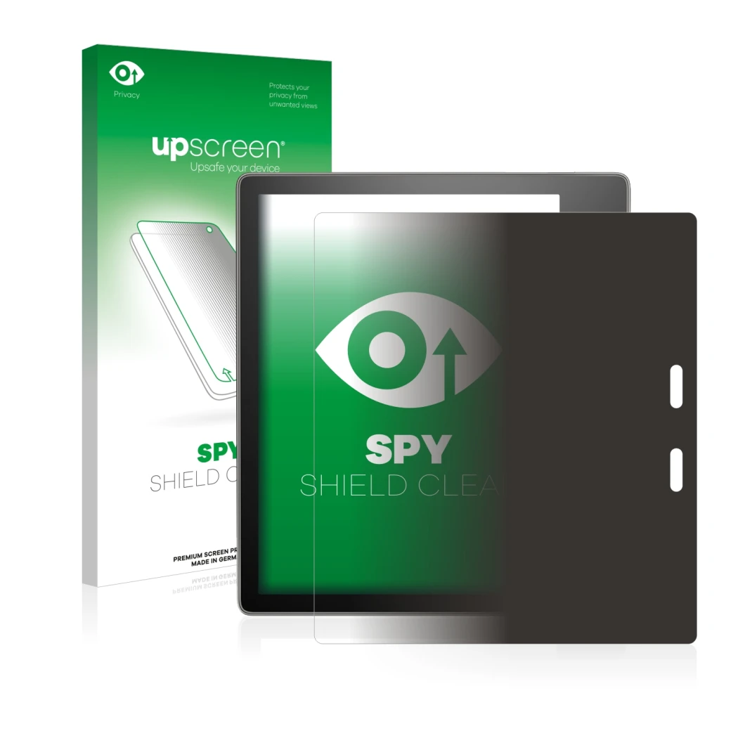 Parte frontale di una confezione del prodotto con il logo del marchio upscreen. Accanto è raffigurato il dispositivo Amazon Ki