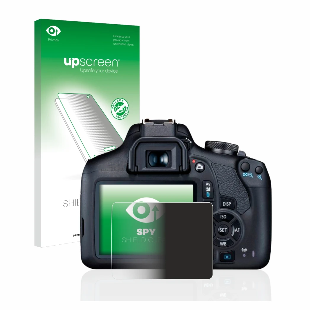 Parte frontale di una confezione del prodotto con il logo del marchio upscreen. Accanto è raffigurato il dispositivo Canon EOS