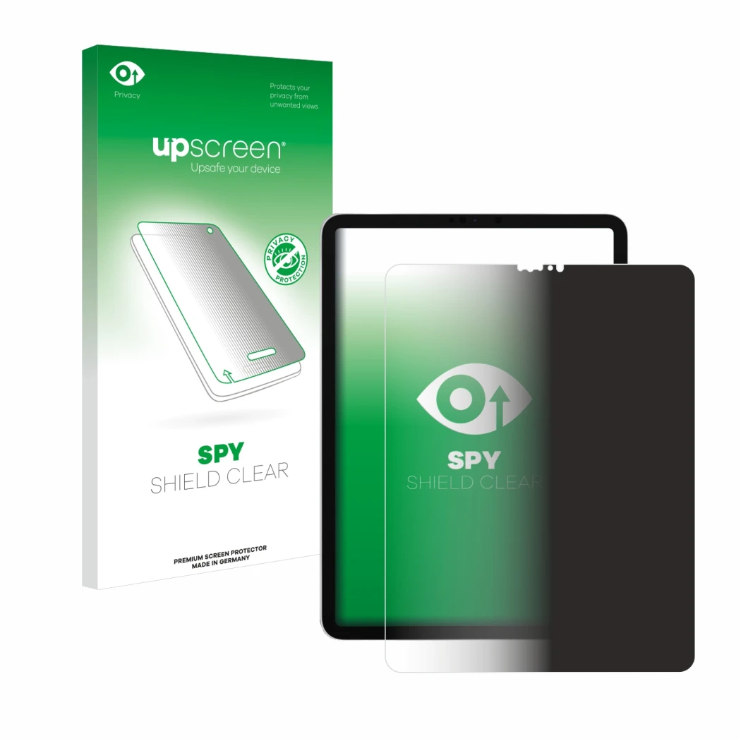 Parte frontale di una confezione del prodotto con il logo del marchio upscreen. Accanto è raffigurato il dispositivo Apple iPa