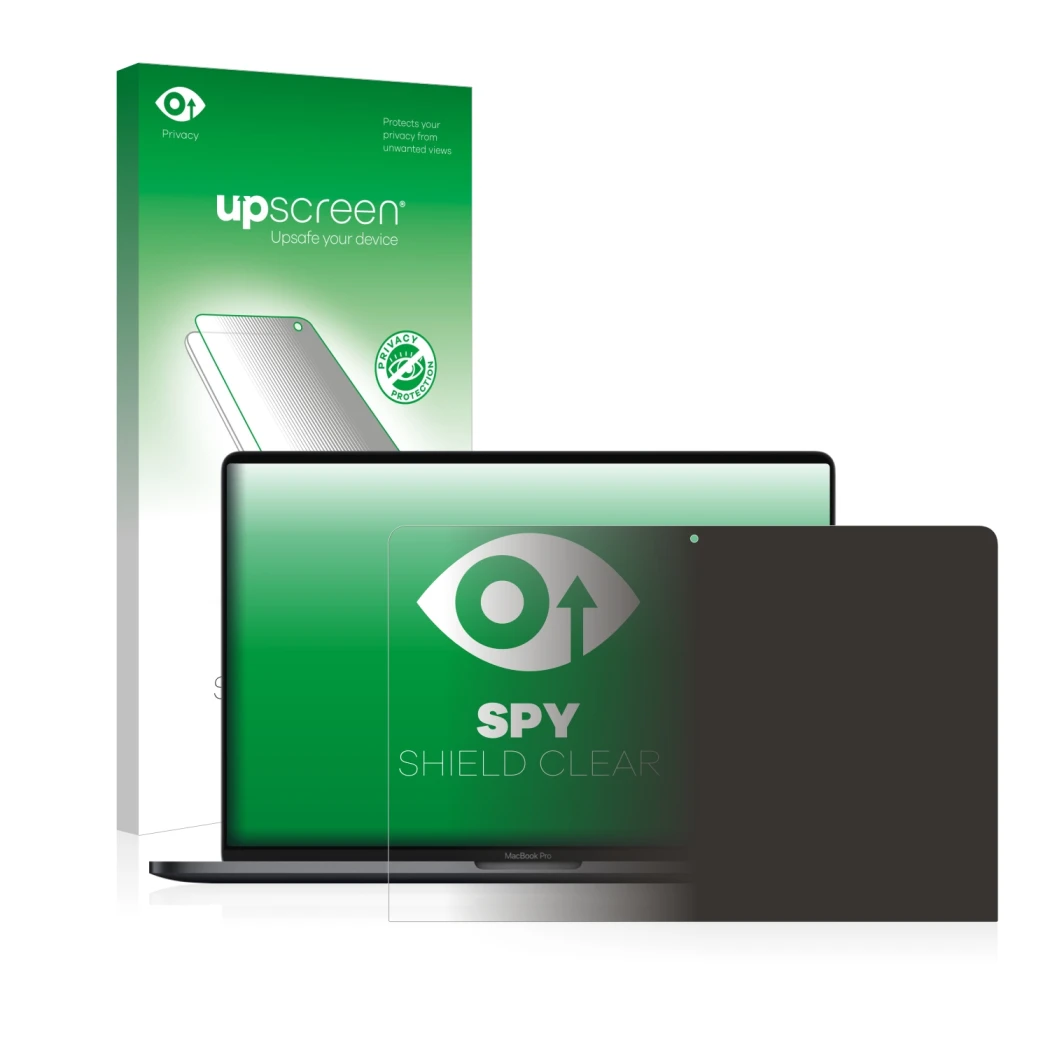 Parte frontale di una confezione del prodotto con il logo del marchio upscreen. Accanto è raffigurato il dispositivo Apple Mac