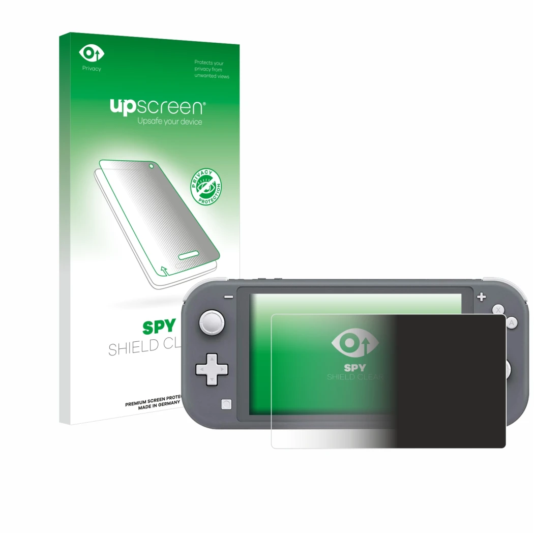 Parte frontale di una confezione del prodotto con il logo del marchio upscreen. Accanto è raffigurato il dispositivo Nintendo