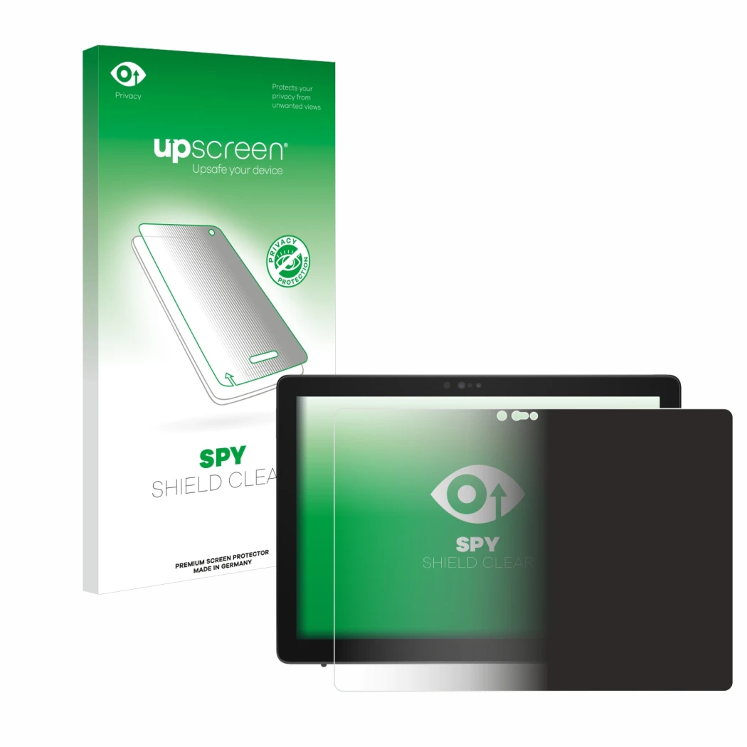 Parte frontale di una confezione del prodotto con il logo del marchio upscreen. Accanto è raffigurato il dispositivo Dell Lati