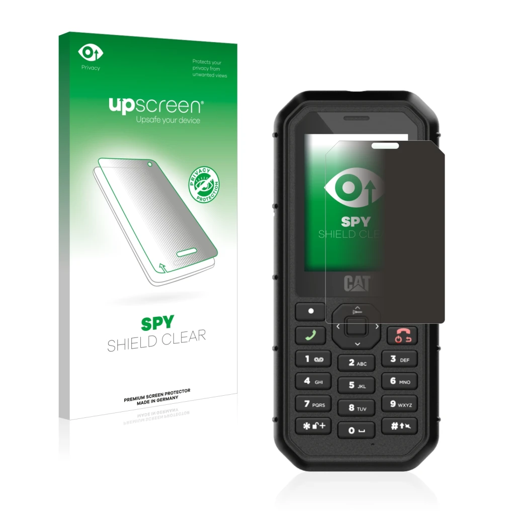 Parte frontale di una confezione del prodotto con il logo del marchio upscreen. Accanto è raffigurato il dispositivo Caterpill