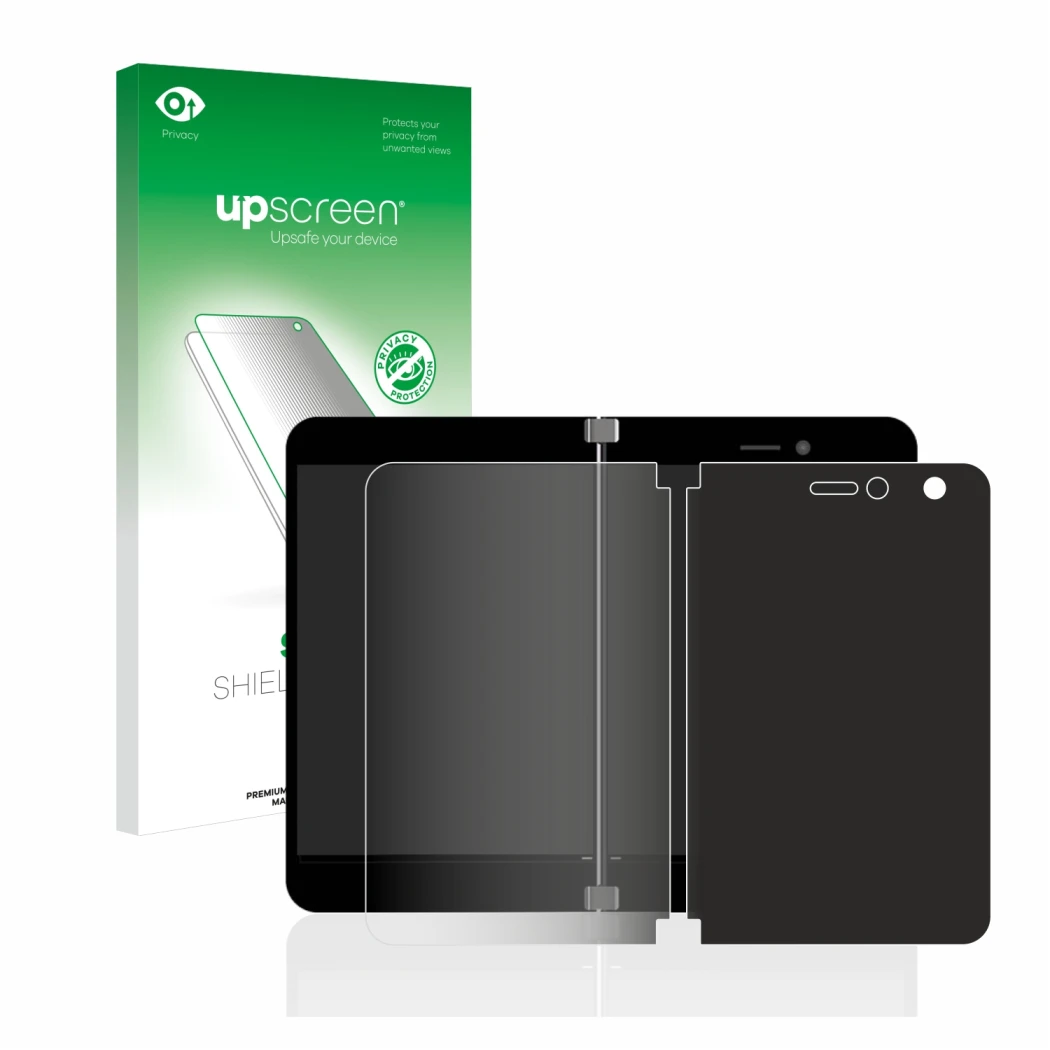 Parte frontale di una confezione del prodotto con il logo del marchio upscreen. Accanto è raffigurato il dispositivo Microsoft