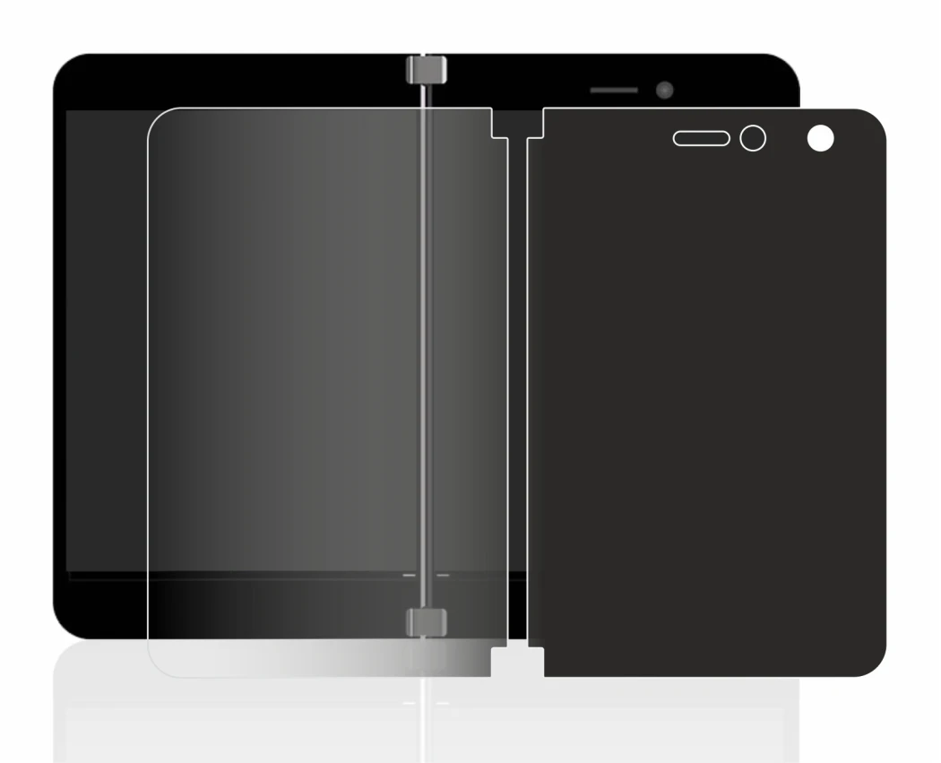 Immagine del dispositivo Microsoft Surface Duo con un'ampia varietà di protezioni per lo schermo.