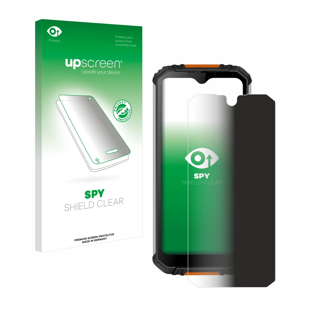 Parte frontale di una confezione del prodotto con il logo del marchio upscreen. Accanto è raffigurato il dispositivo Oukitel W