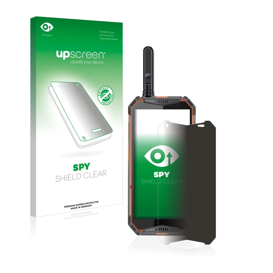 Parte frontale di una confezione del prodotto con il logo del marchio upscreen. Accanto è raffigurato il dispositivo Ulefone A