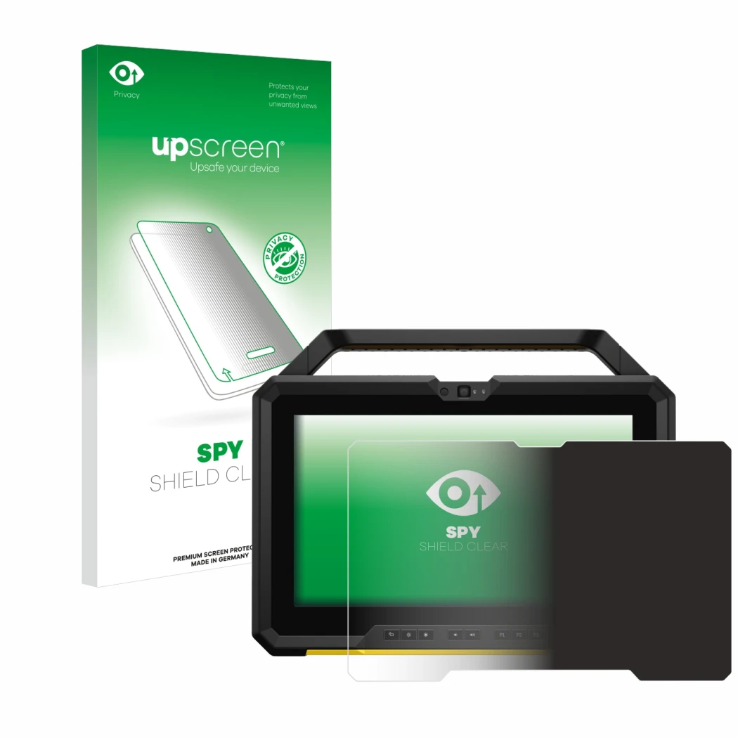 Parte frontale di una confezione del prodotto con il logo del marchio upscreen. Accanto è raffigurato il dispositivo Dell Lati