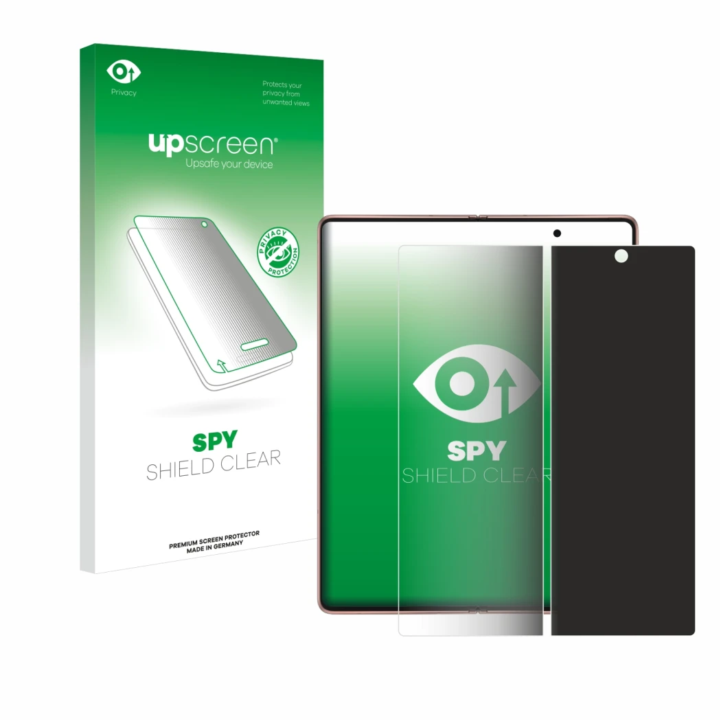 Parte frontale di una confezione del prodotto con il logo del marchio upscreen. Accanto è raffigurato il dispositivo Samsung G