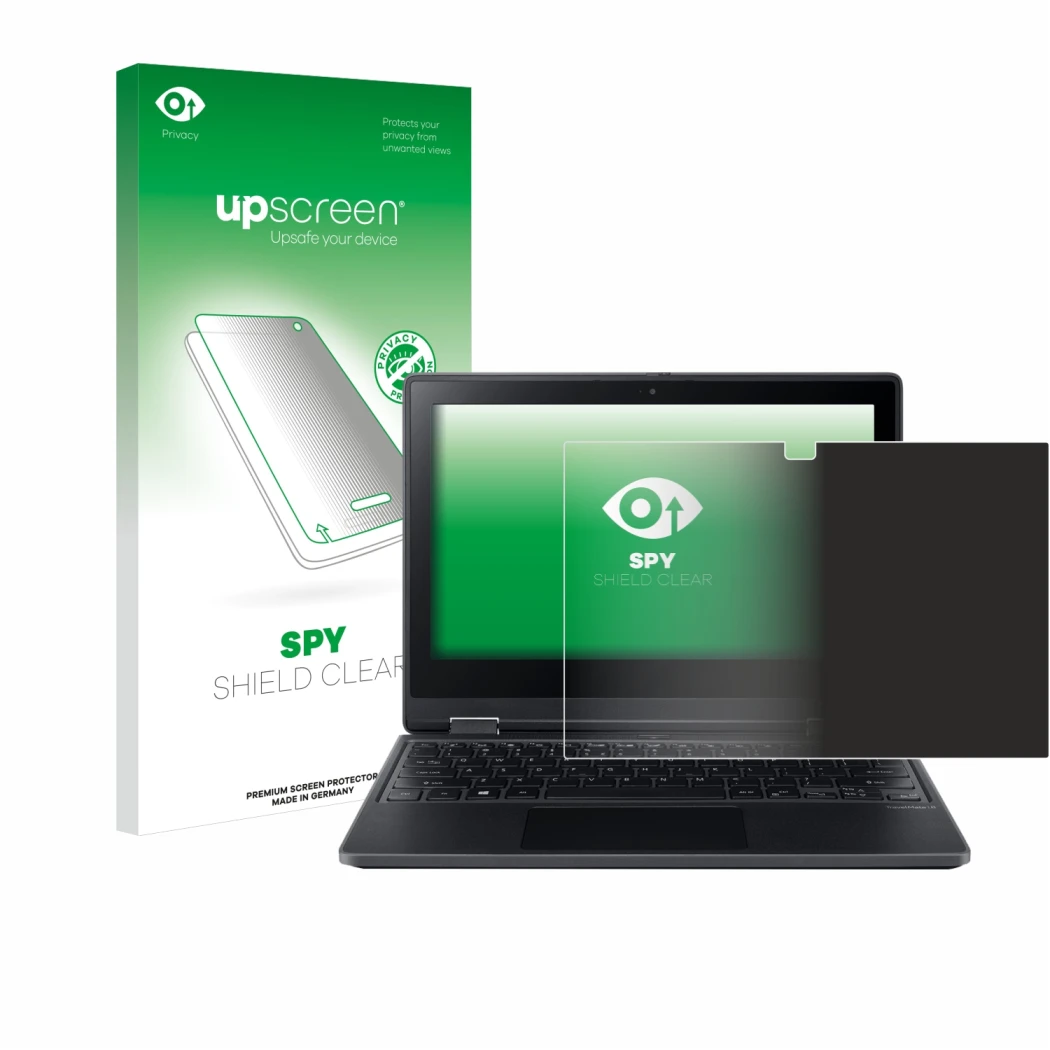 Parte frontale di una confezione del prodotto con il logo del marchio upscreen. Accanto è raffigurato il dispositivo Acer Trav