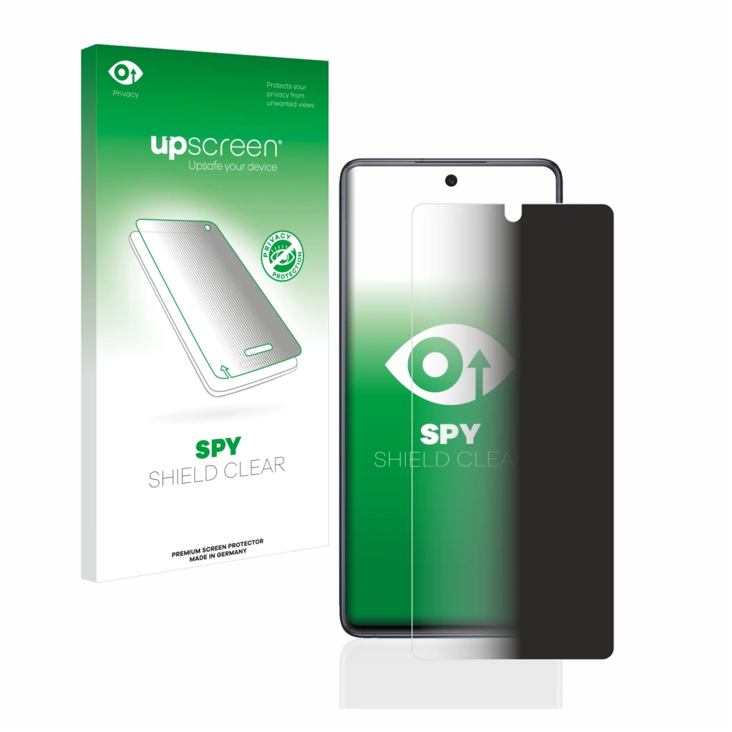 Parte frontale di una confezione del prodotto con il logo del marchio upscreen. Accanto è raffigurato il dispositivo Samsung G