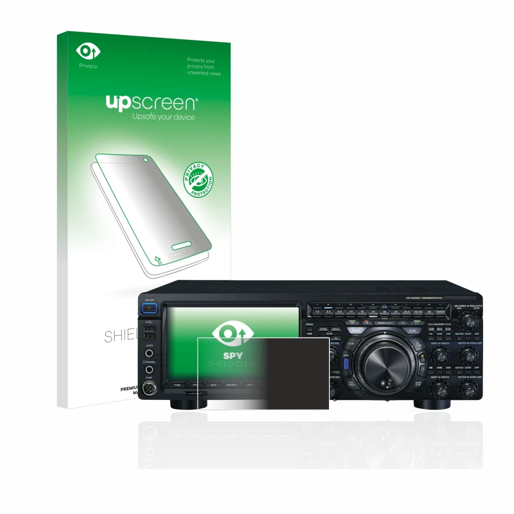 Parte frontale di una confezione del prodotto con il logo del marchio upscreen. Accanto è raffigurato il dispositivo Yaesu FT-