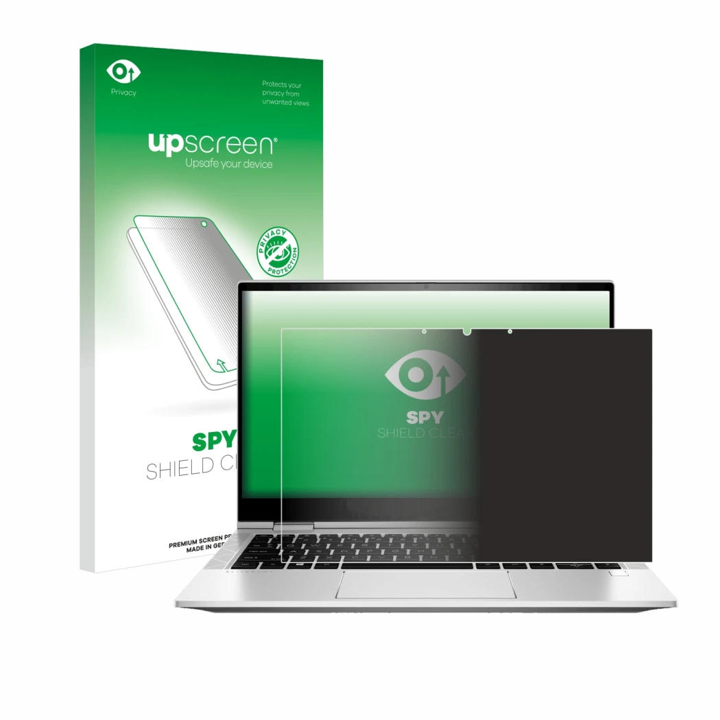 Parte frontale di una confezione del prodotto con il logo del marchio upscreen. Accanto è raffigurato il dispositivo HP EliteB