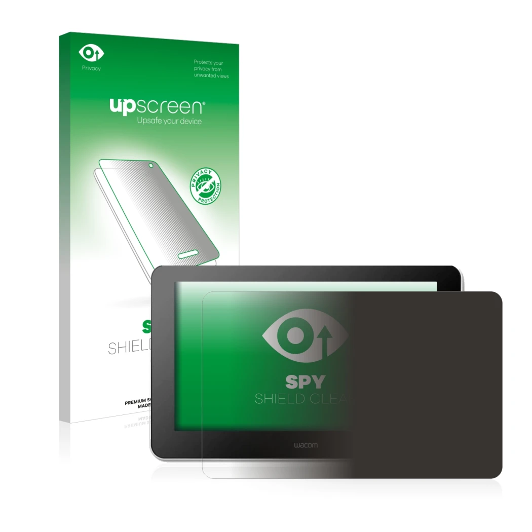 Parte frontale di una confezione del prodotto con il logo del marchio upscreen. Accanto è raffigurato il dispositivo Wacom One