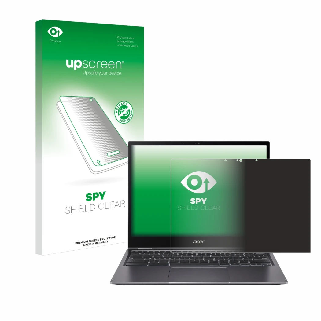 Parte frontale di una confezione del prodotto con il logo del marchio upscreen. Accanto è raffigurato il dispositivo Acer Chro