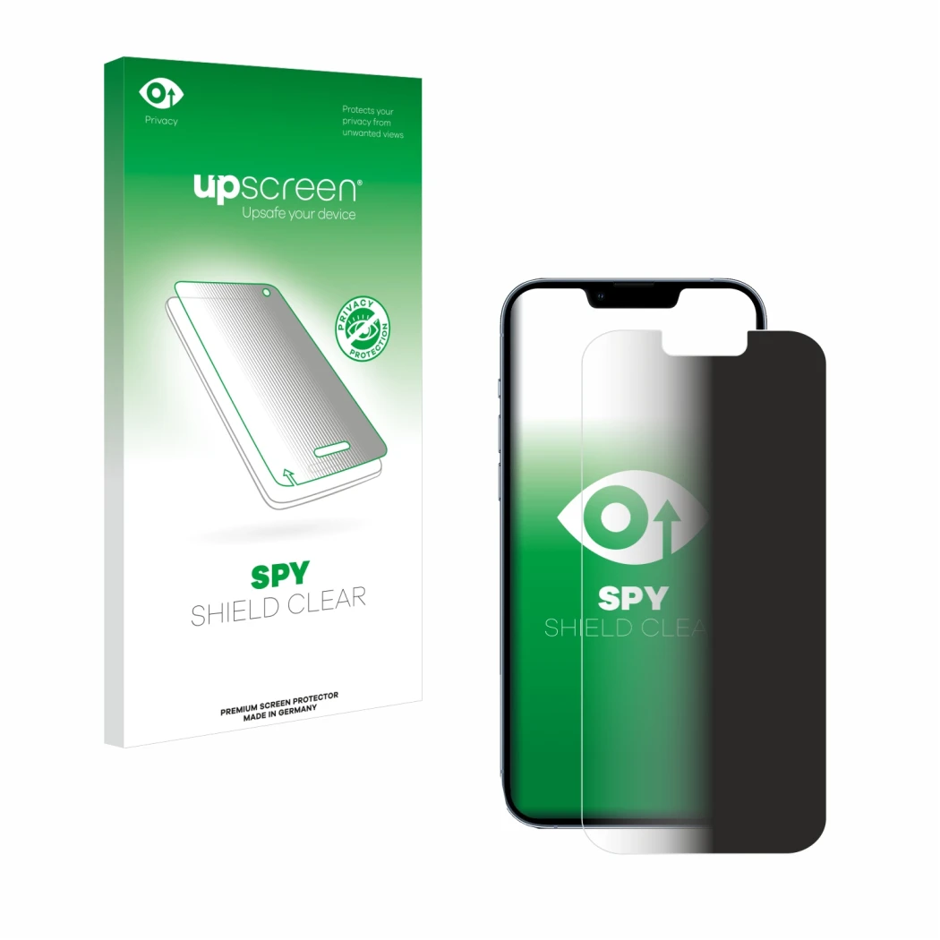 Parte frontale di una confezione del prodotto con il logo del marchio upscreen. Accanto è raffigurato il dispositivo Apple iPh