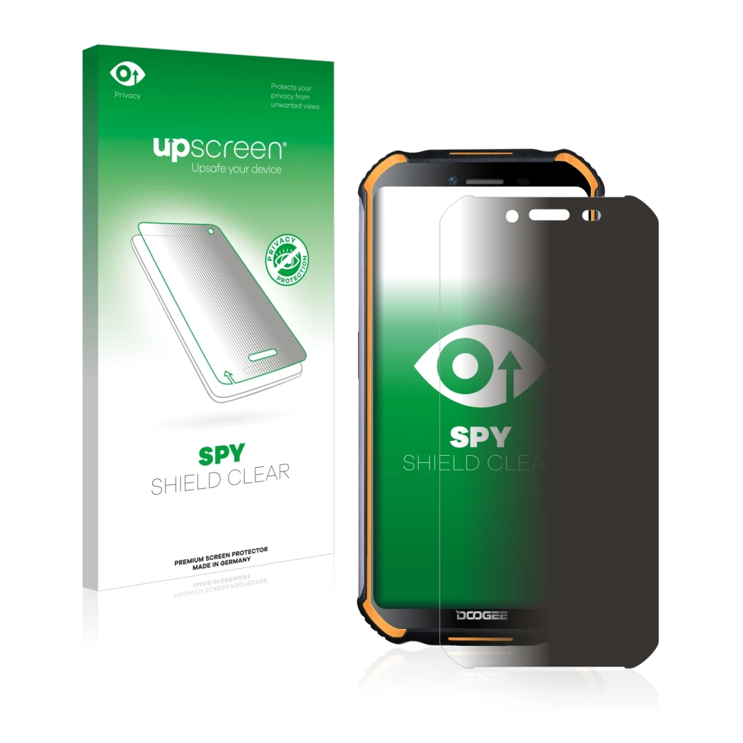 Parte frontale di una confezione del prodotto con il logo del marchio upscreen. Accanto è raffigurato il dispositivo Doogee S4