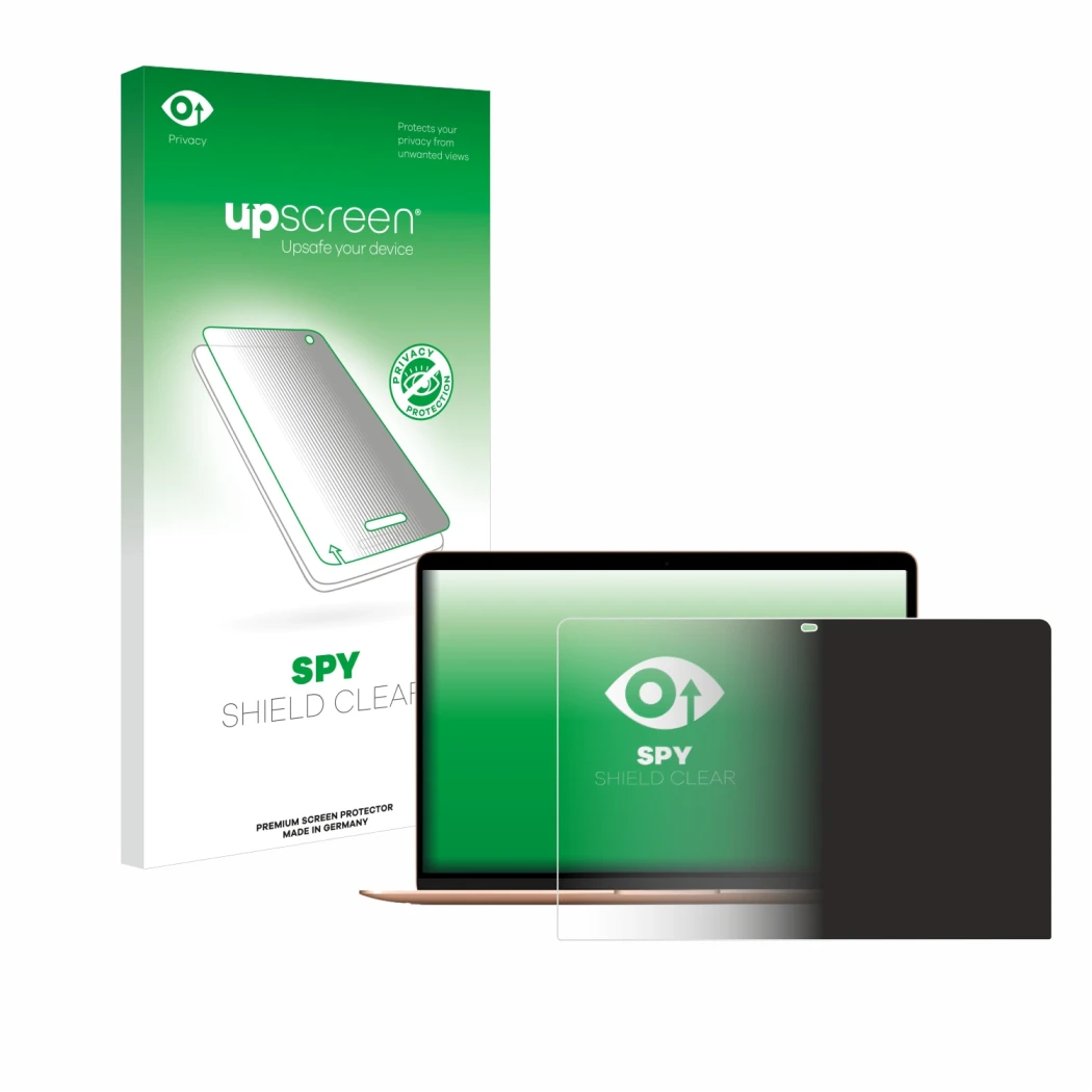 Parte frontale di una confezione del prodotto con il logo del marchio upscreen. Accanto è raffigurato il dispositivo Apple Mac