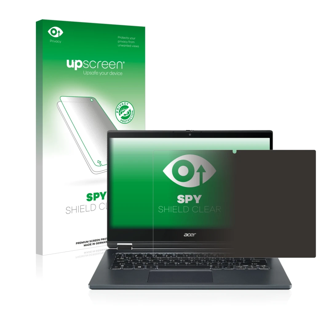 Parte frontale di una confezione del prodotto con il logo del marchio upscreen. Accanto è raffigurato il dispositivo Acer Trav