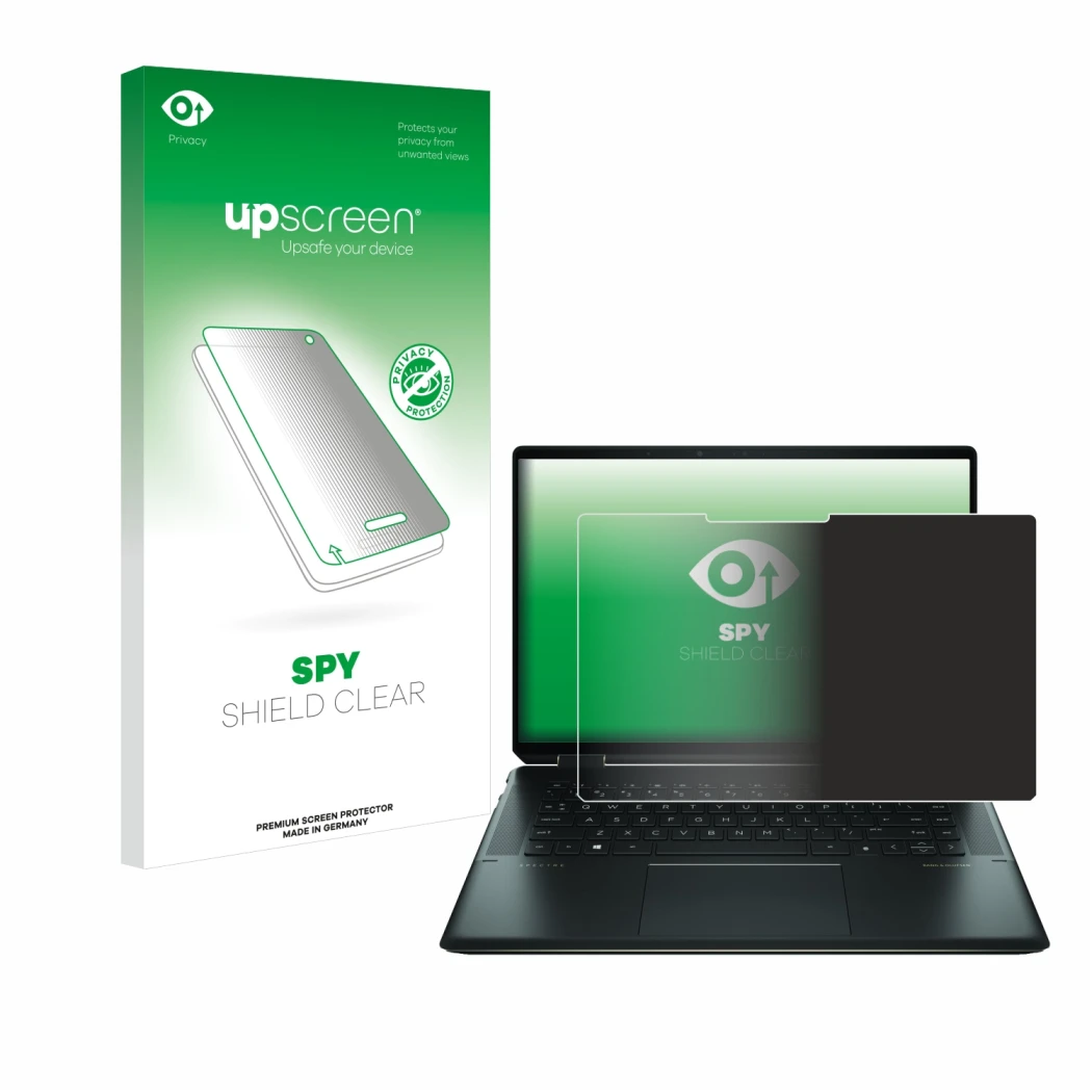 Parte frontale di una confezione del prodotto con il logo del marchio upscreen. Accanto è raffigurato il dispositivo HP Spectr