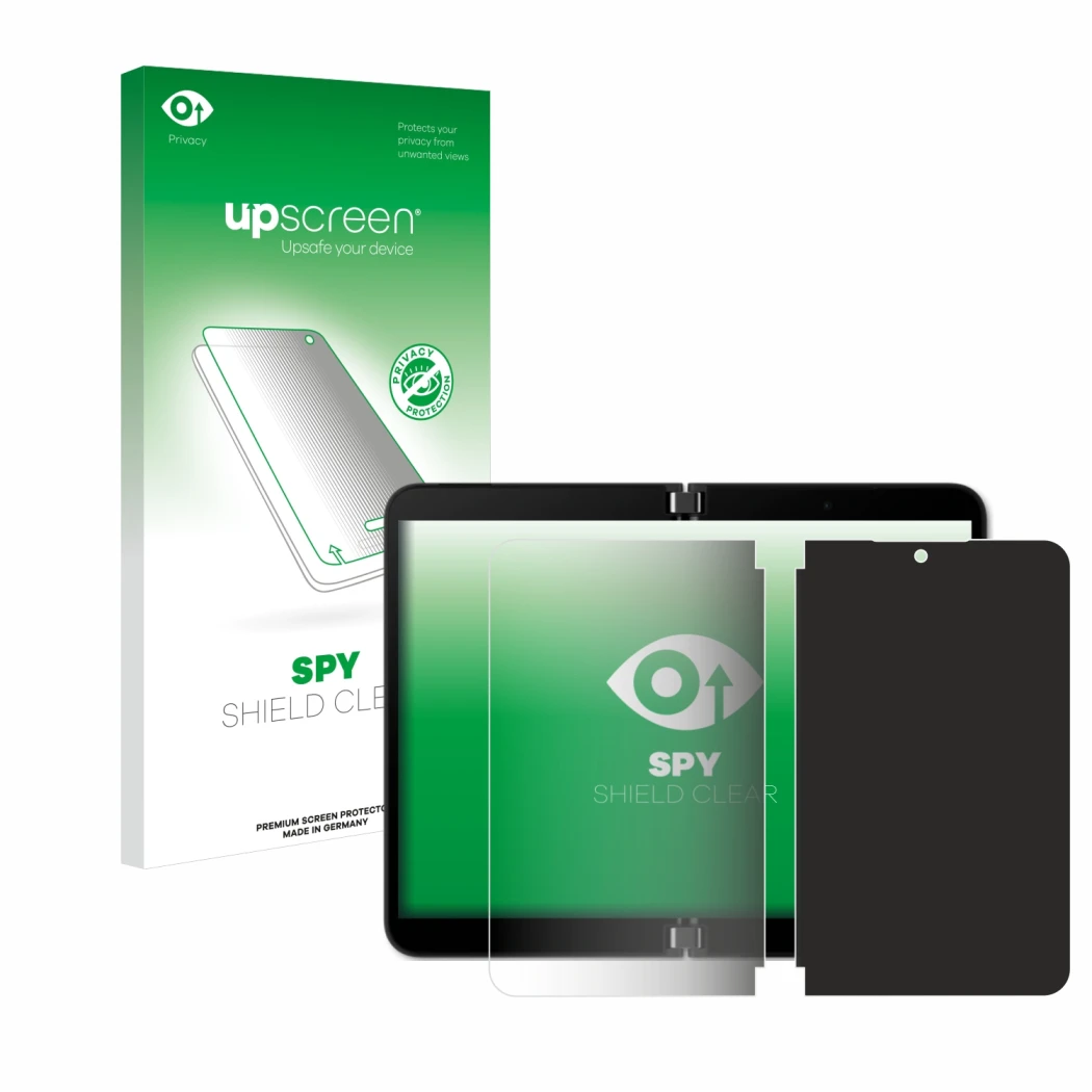 Parte frontale di una confezione del prodotto con il logo del marchio upscreen. Accanto è raffigurato il dispositivo Microsoft