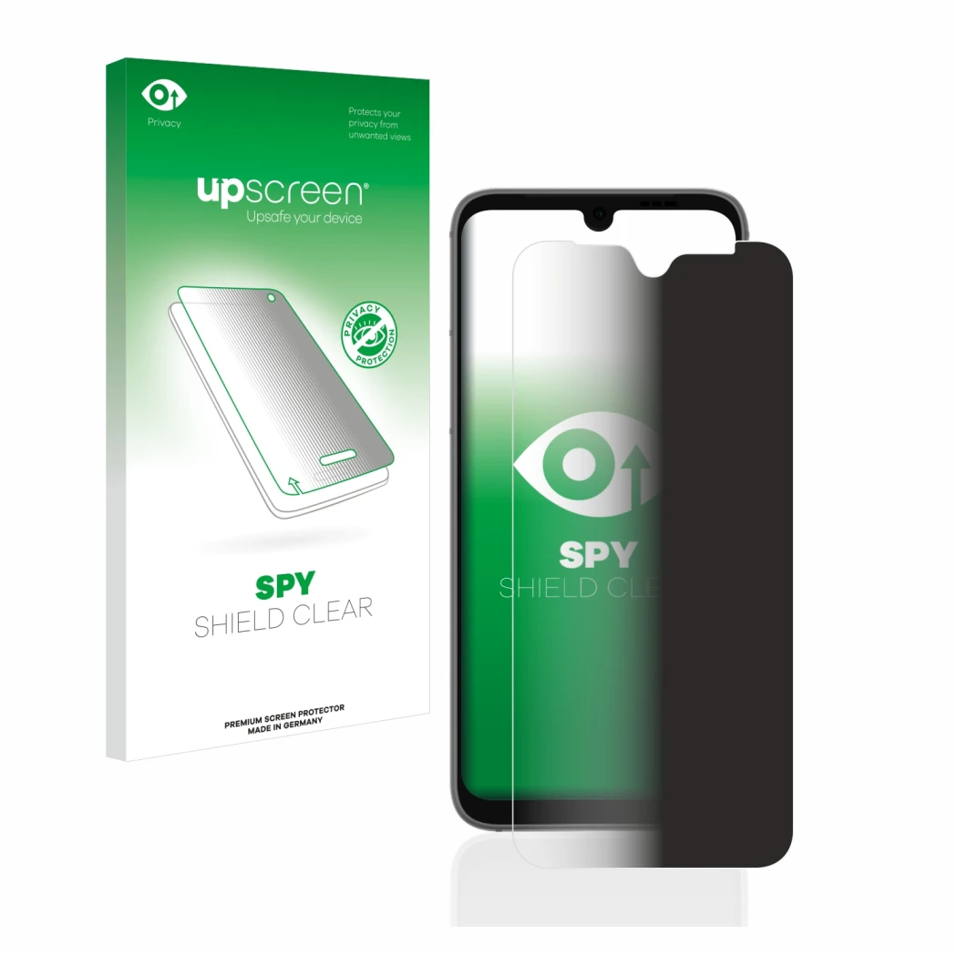 Parte frontale di una confezione del prodotto con il logo del marchio upscreen. Accanto è raffigurato il dispositivo Fairphone