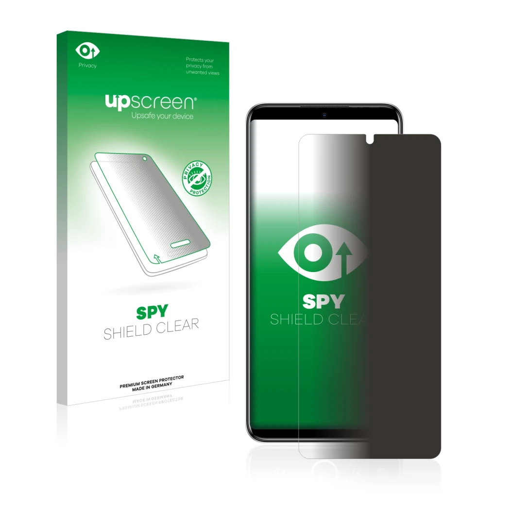 Parte frontale di una confezione del prodotto con il logo del marchio upscreen. Accanto è raffigurato il dispositivo Infinix N