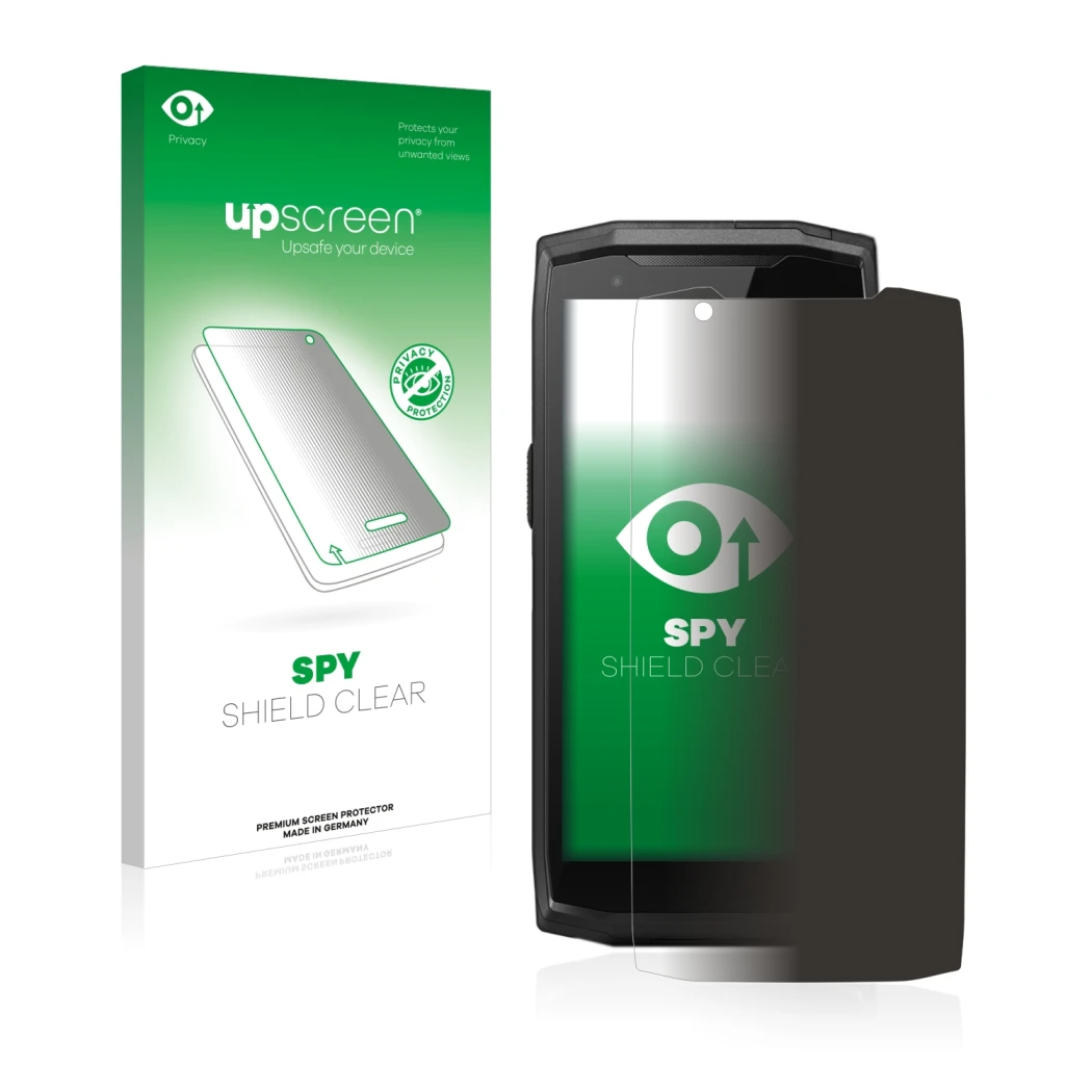 Parte frontale di una confezione del prodotto con il logo del marchio upscreen. Accanto è raffigurato il dispositivo Crosscall