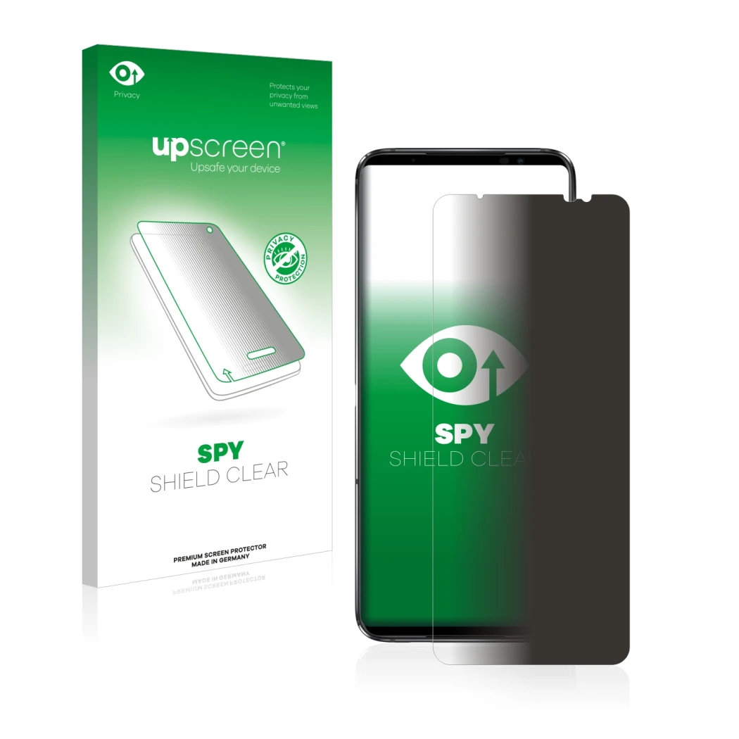 Parte frontale di una confezione del prodotto con il logo del marchio upscreen. Accanto è raffigurato il dispositivo ASUS ROG 