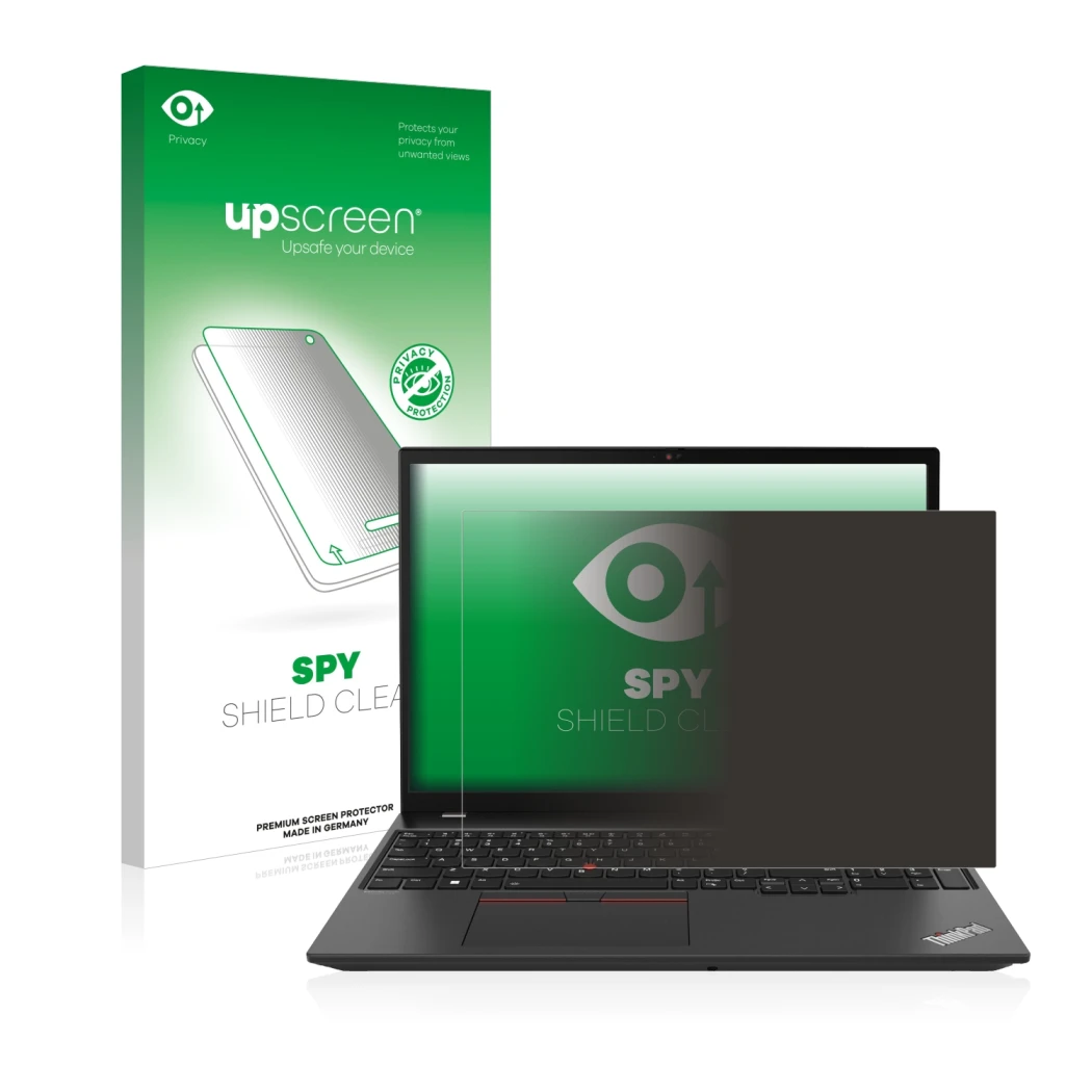 Parte frontale di una confezione del prodotto con il logo del marchio upscreen. Accanto è raffigurato il dispositivo Lenovo Th