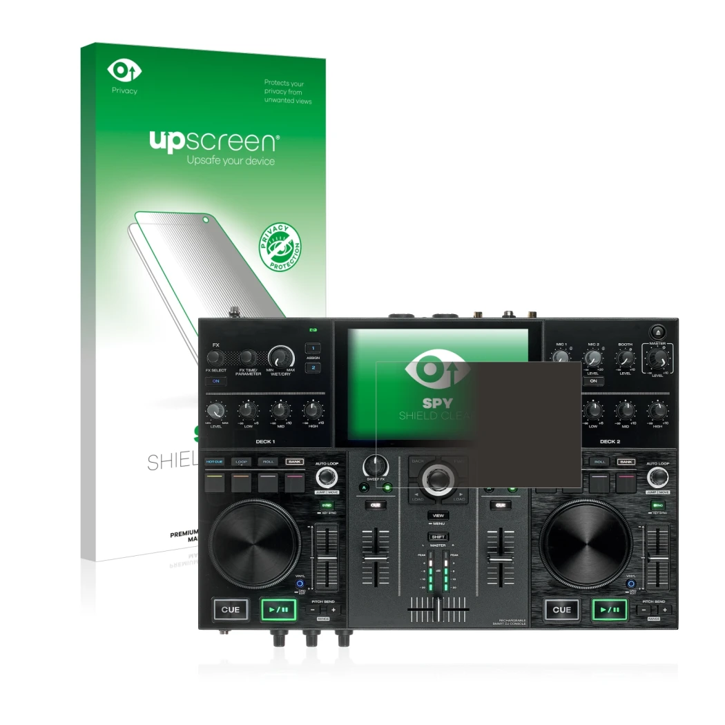 Parte frontale di una confezione del prodotto con il logo del marchio upscreen. Accanto è raffigurato il dispositivo Denon DJ