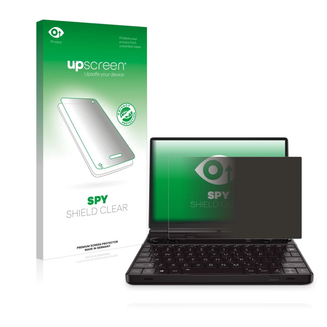 Parte frontale di una confezione del prodotto con il logo del marchio upscreen. Accanto è raffigurato il dispositivo GPD Win M