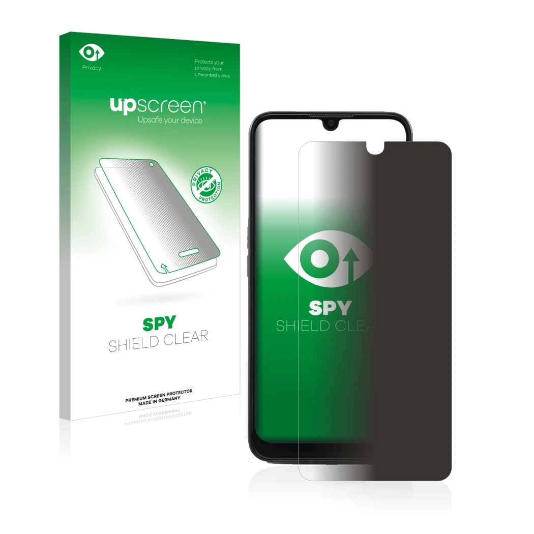 Parte frontale di una confezione del prodotto con il logo del marchio upscreen. Accanto è raffigurato il dispositivo Doro 8100