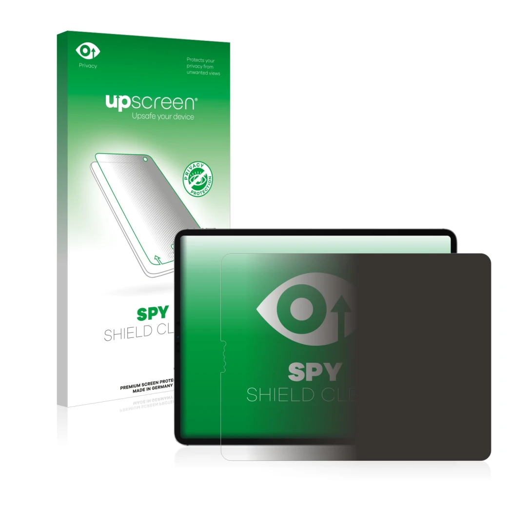 Parte frontale di una confezione del prodotto con il logo del marchio upscreen. Accanto è raffigurato il dispositivo Apple iPa