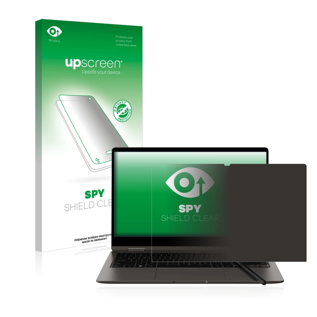 Parte frontale di una confezione del prodotto con il logo del marchio upscreen. Accanto è raffigurato il dispositivo Samsung G