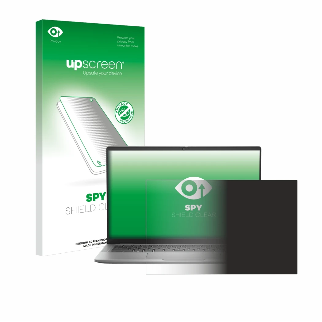 Parte frontale di una confezione del prodotto con il logo del marchio upscreen. Accanto è raffigurato il dispositivo Dell Lati