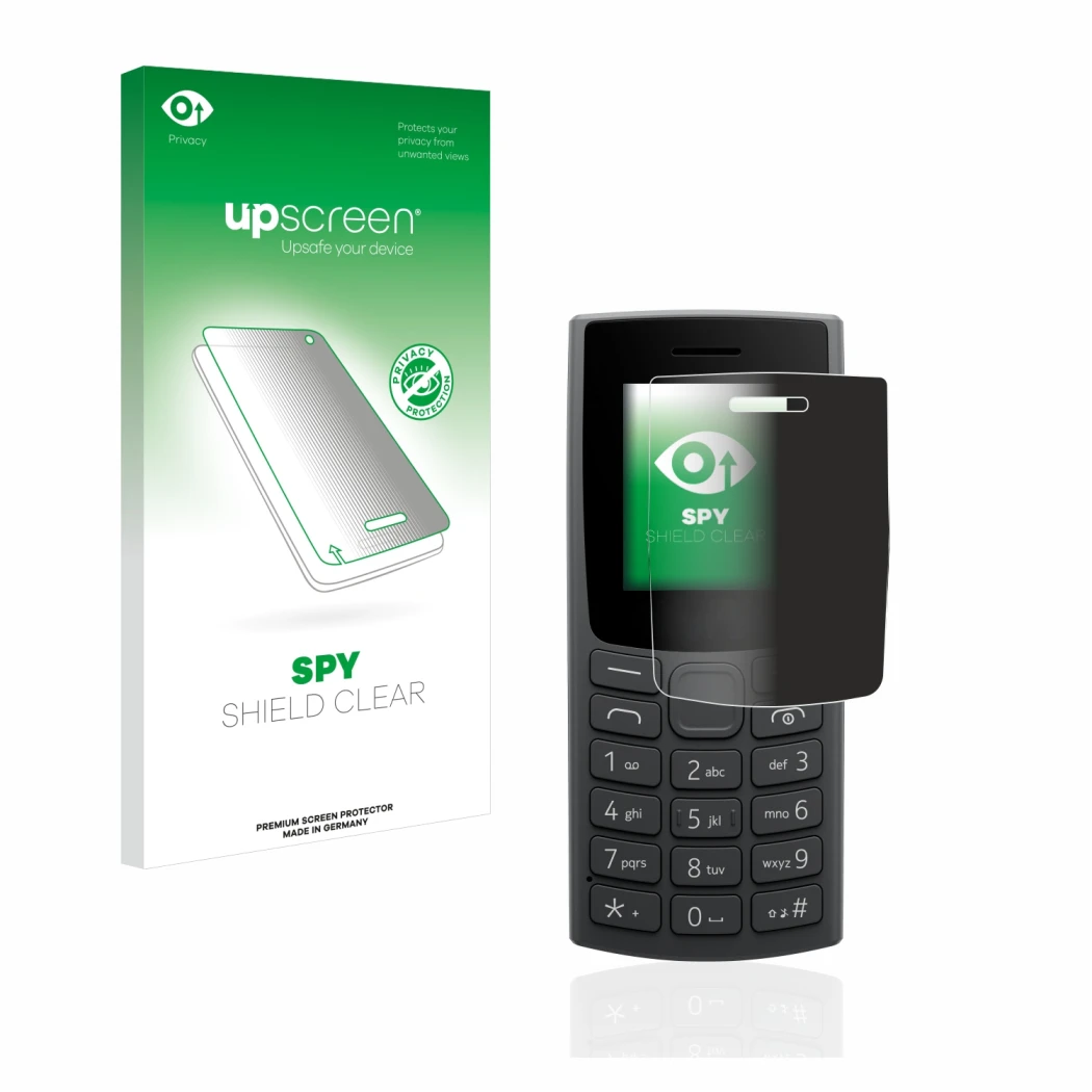Parte frontale di una confezione del prodotto con il logo del marchio upscreen. Accanto è raffigurato il dispositivo Nokia 110