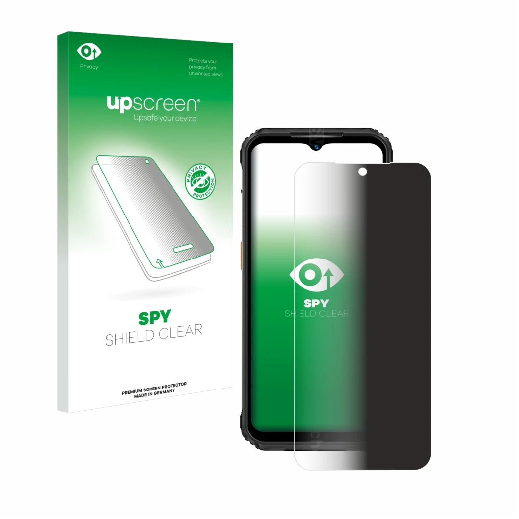 Parte frontale di una confezione del prodotto con il logo del marchio upscreen. Accanto è raffigurato il dispositivo Ulefone A