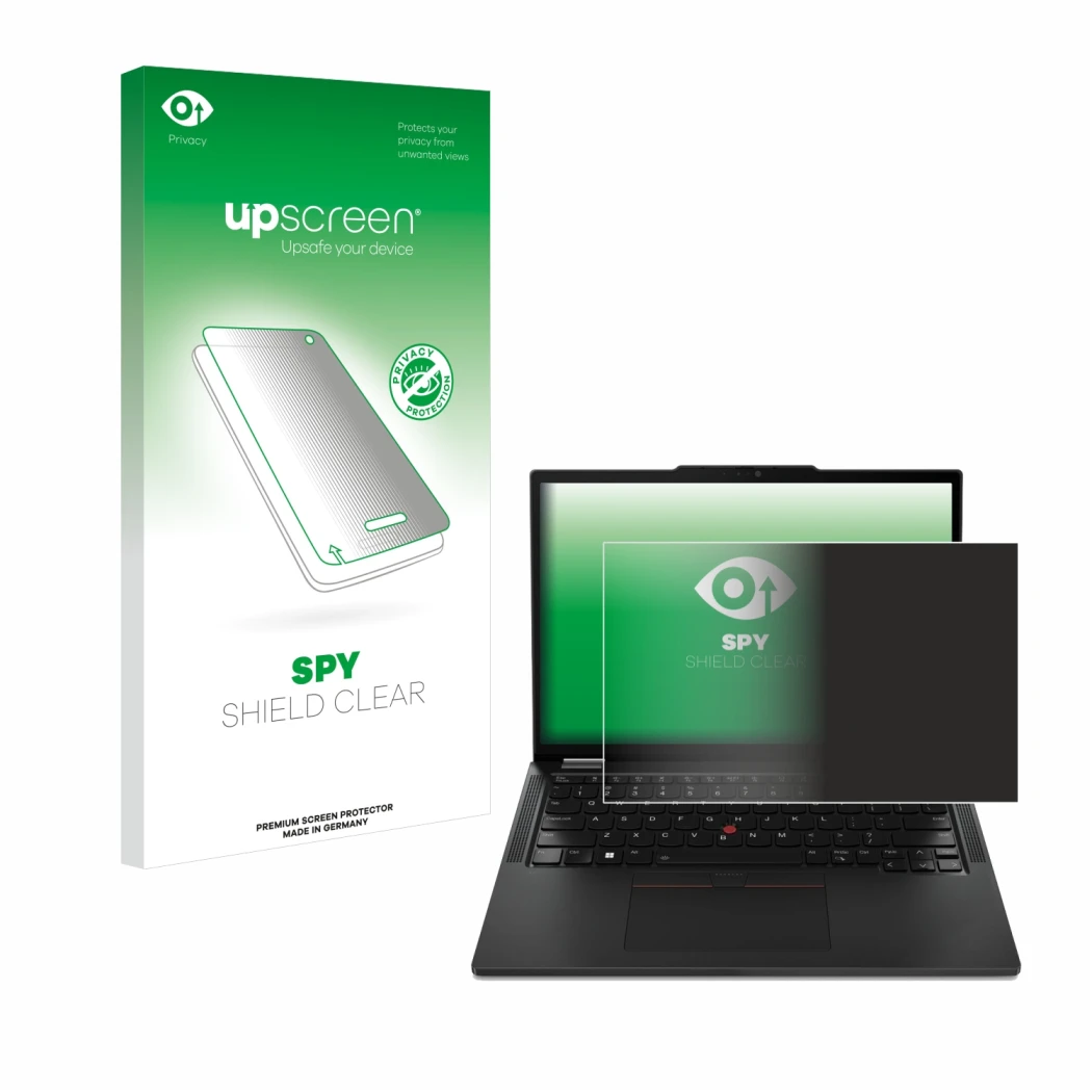 Parte frontale di una confezione del prodotto con il logo del marchio upscreen. Accanto è raffigurato il dispositivo Lenovo Th