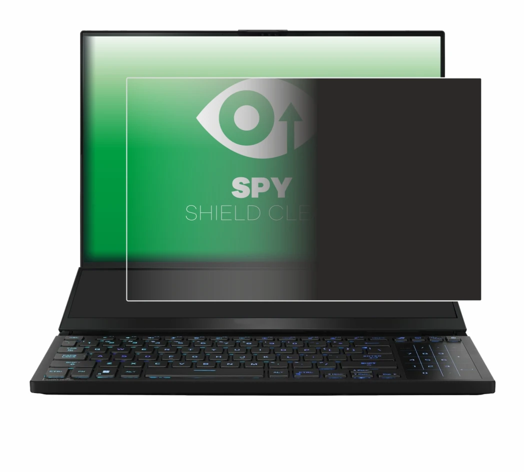 Immagine del dispositivo ASUS ROG Zephyrus Duo 16 2023 con un'ampia varietà di protezioni per lo schermo.