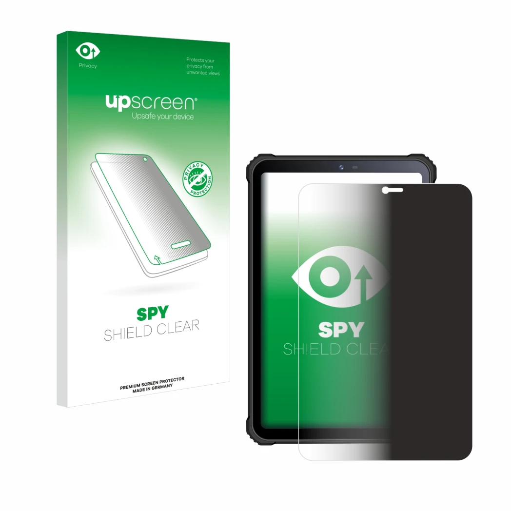 Parte frontale di una confezione del prodotto con il logo del marchio upscreen. Accanto è raffigurato il dispositivo Oukitel R